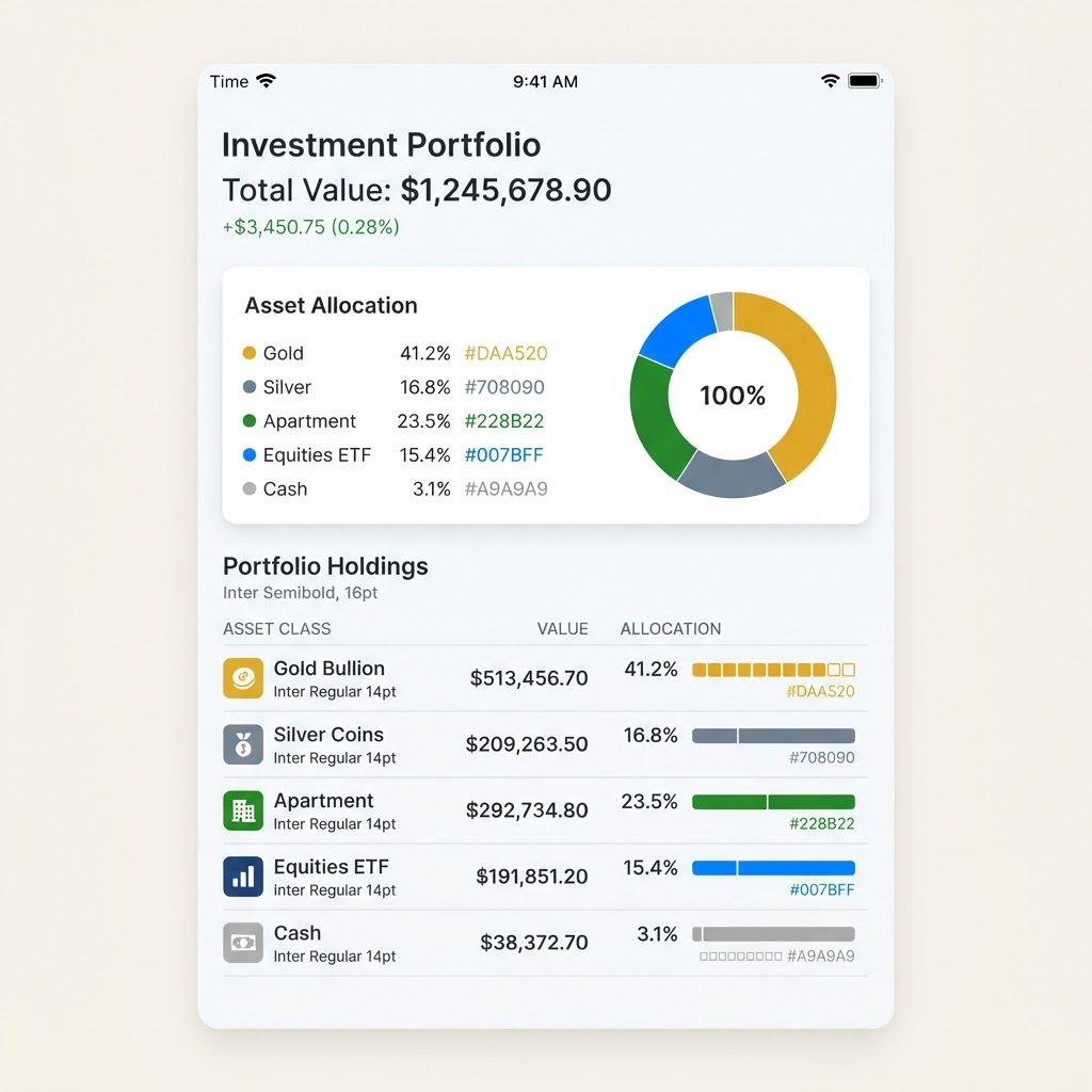 Demo portfolio table with asset rows and an allocation donut chart